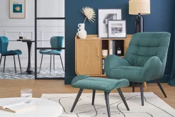 Fauteuil et repose-pieds design en tissu velours côtelé vert et métal noir ZOE