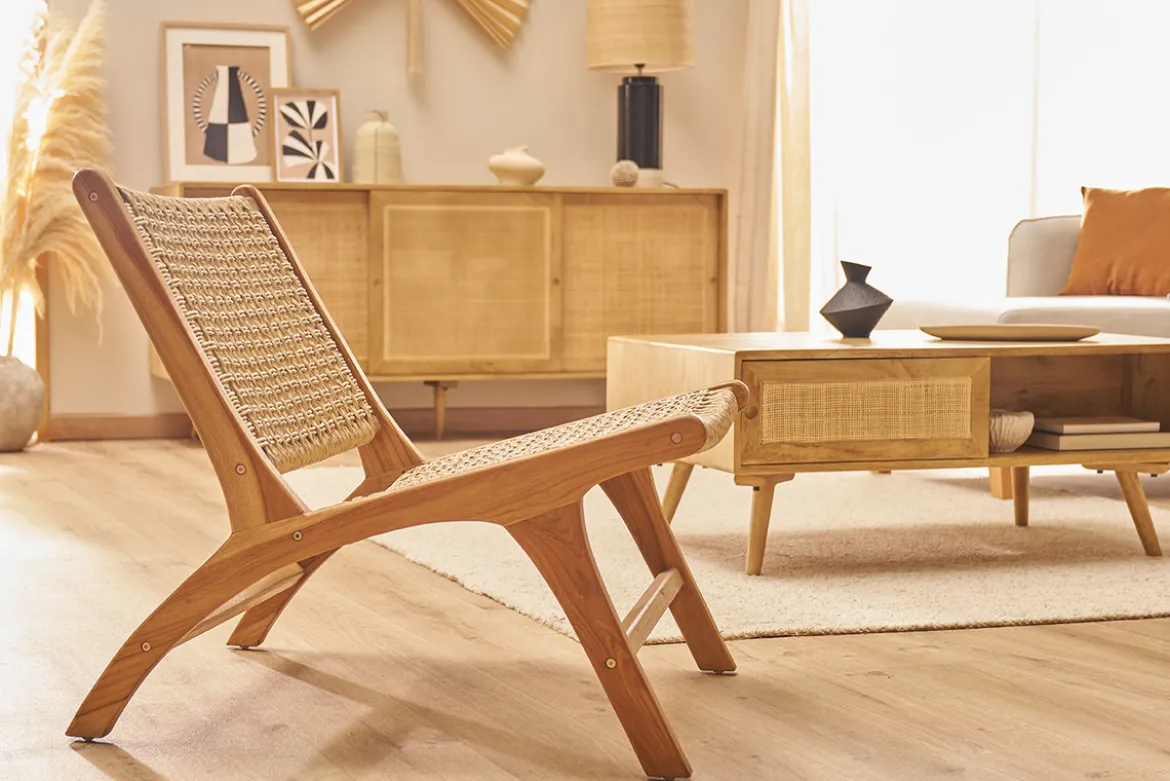 Fauteuil lounge en bois teck massif et corde tressée SUMBA
