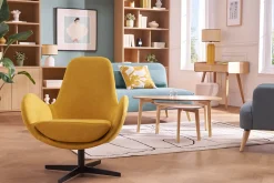Fauteuil pivotant design en tissu effet velours jaune moutarde et métal noir ANDY