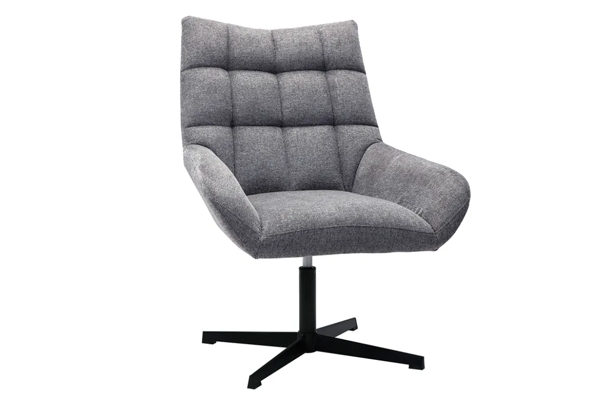 Fauteuil pivotant design en tissu effet velours texuré gris et métal noir KING