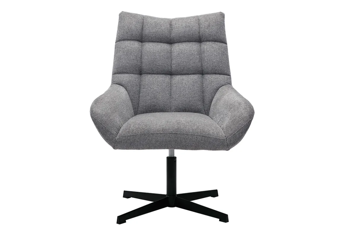 Fauteuil pivotant design en tissu effet velours texuré gris et métal noir KING