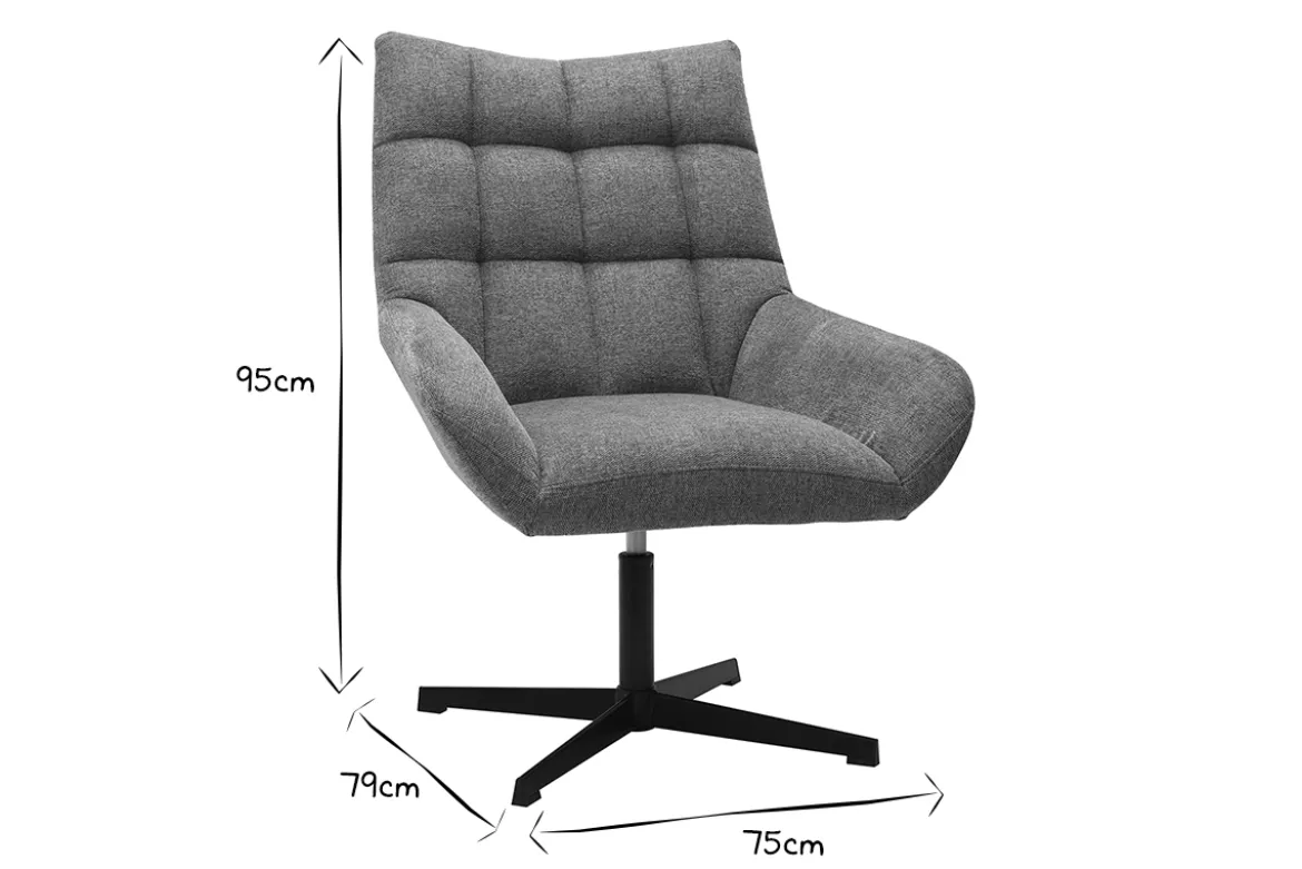 Fauteuil pivotant design en tissu effet velours texuré gris et métal noir KING