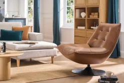Fauteuil pivotant en cuir marron et métal noir HUXLEY