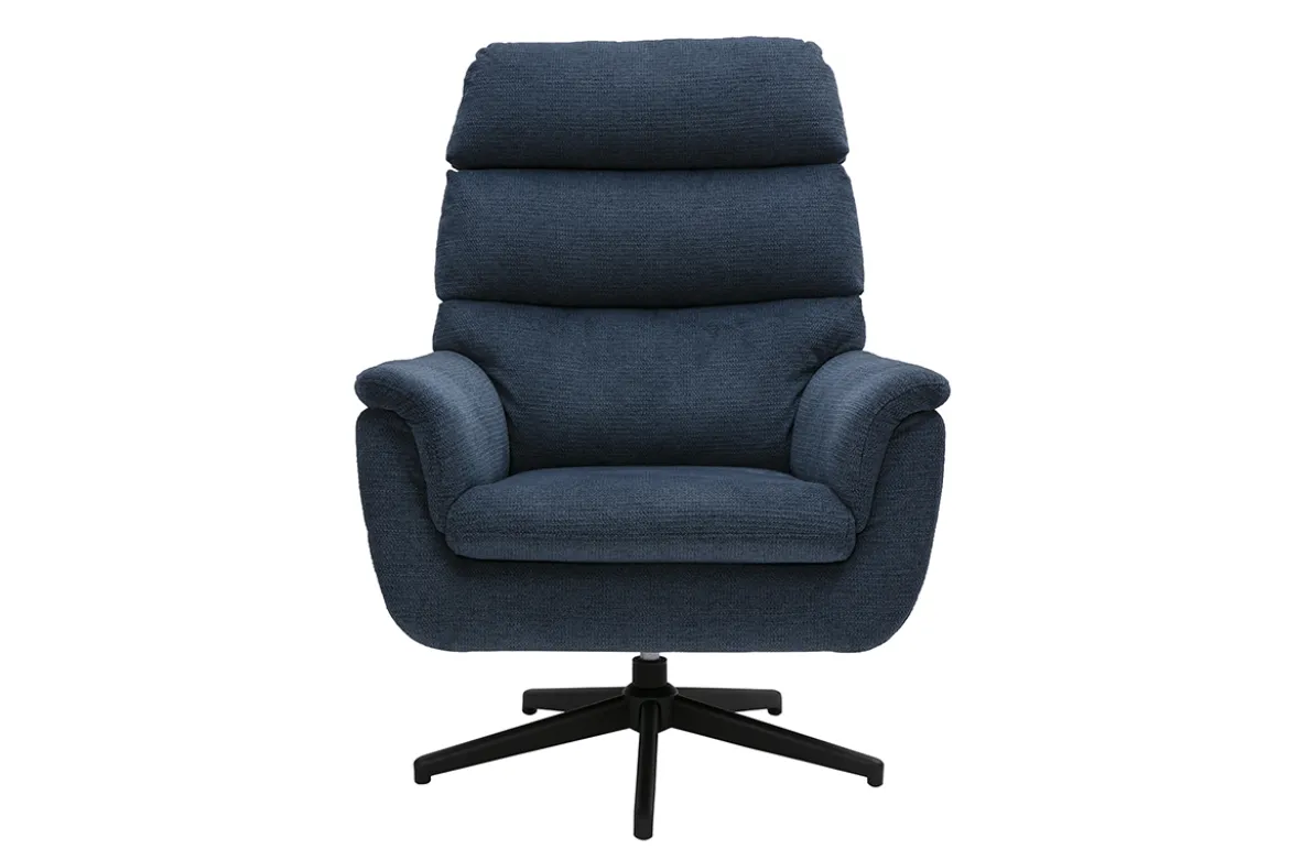 Fauteuil pivotant en tissu chenille bleu foncé et métal noir JONAH