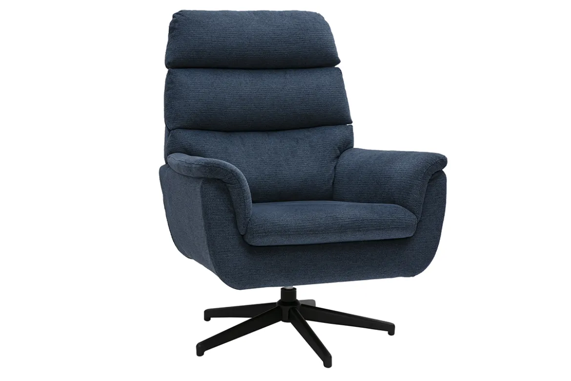 Fauteuil pivotant en tissu chenille bleu foncé et métal noir JONAH