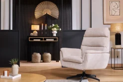 Fauteuil pivotant en tissu chenille beige et métal noir JONAH