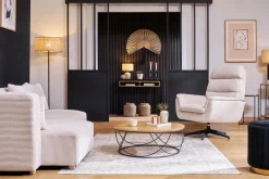 Fauteuil pivotant en tissu chenille beige et métal noir JONAH