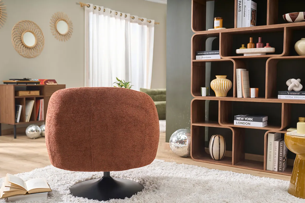 Fauteuil pivotant en tissu effet chenille brossé terre brûlée et métal noir BOWIE