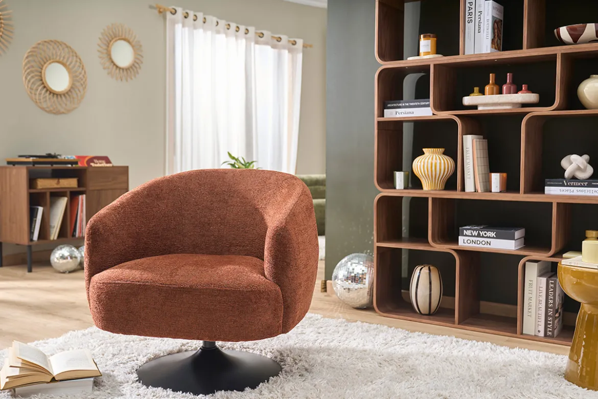 Fauteuil pivotant en tissu effet chenille brossé terre brûlée et métal noir BOWIE