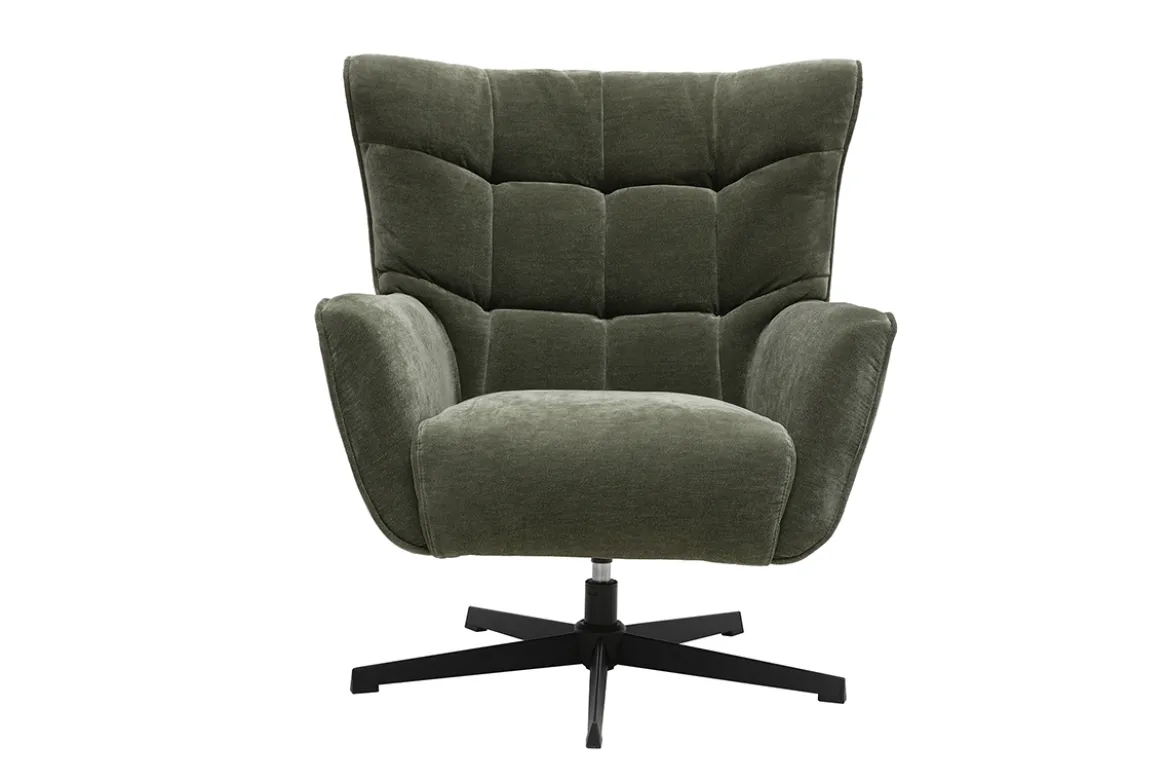 Fauteuil pivotant en tissu effet velours vert kaki et métal AVERY