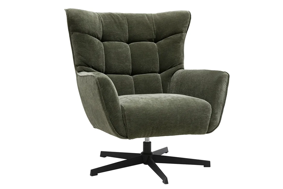 Fauteuil pivotant en tissu effet velours vert kaki et métal AVERY
