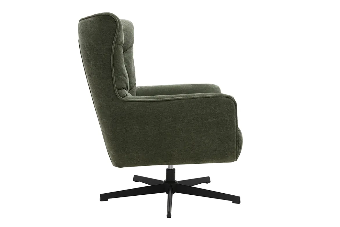 Fauteuil pivotant en tissu effet velours vert kaki et métal AVERY