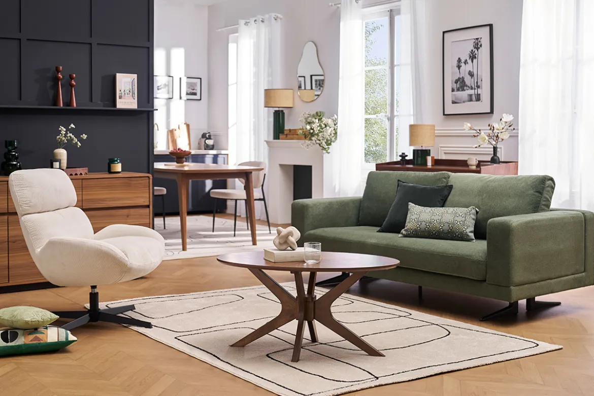 Fauteuil pivotant en tissu effet velours texturé taupe et métal noir KLEM