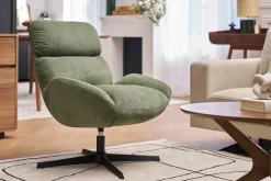 Fauteuil pivotant en tissu velours côtelé vert kaki et métal noir KLEM