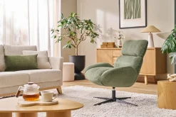 Fauteuil pivotant en tissu velours côtelé vert kaki et métal noir KLEM