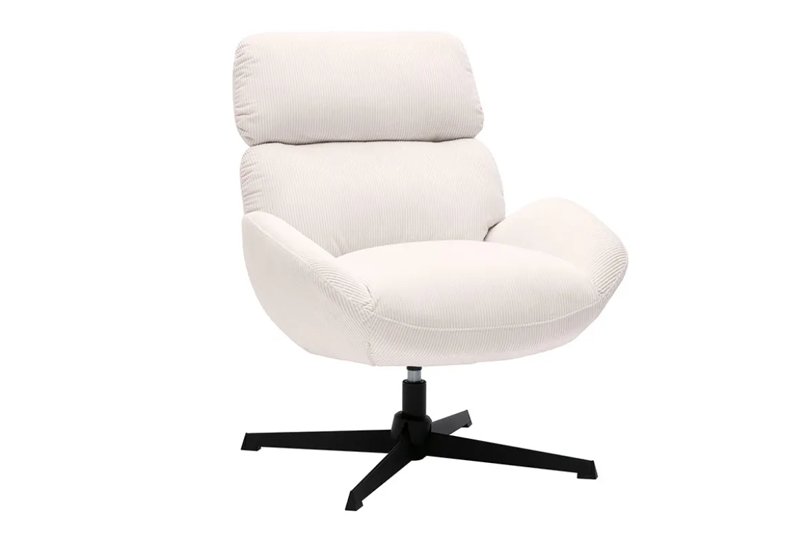Fauteuil pivotant en tissu velours côtelé écru et métal noir KLEM