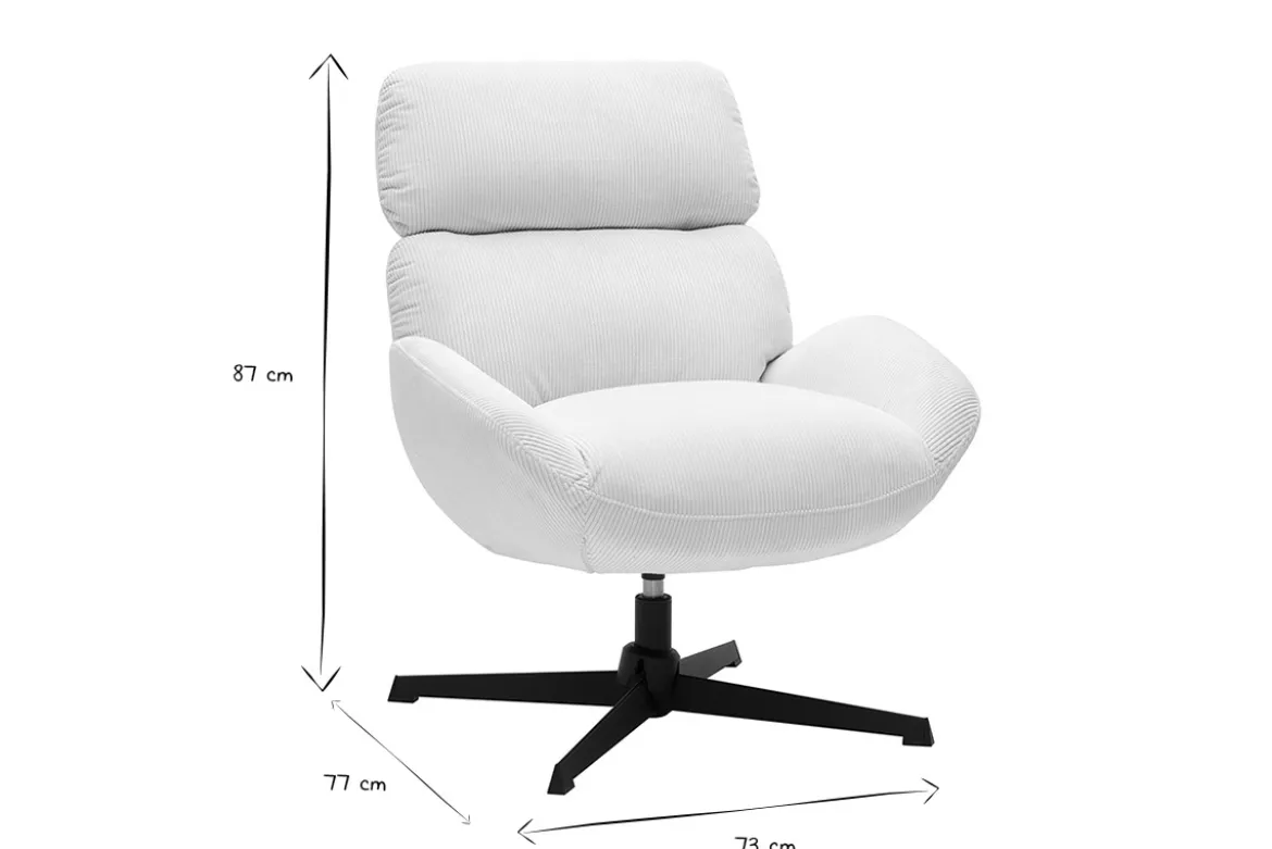 Fauteuil pivotant en tissu velours côtelé écru et métal noir KLEM