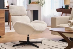 Fauteuil pivotant en tissu velours côtelé écru et métal noir KLEM