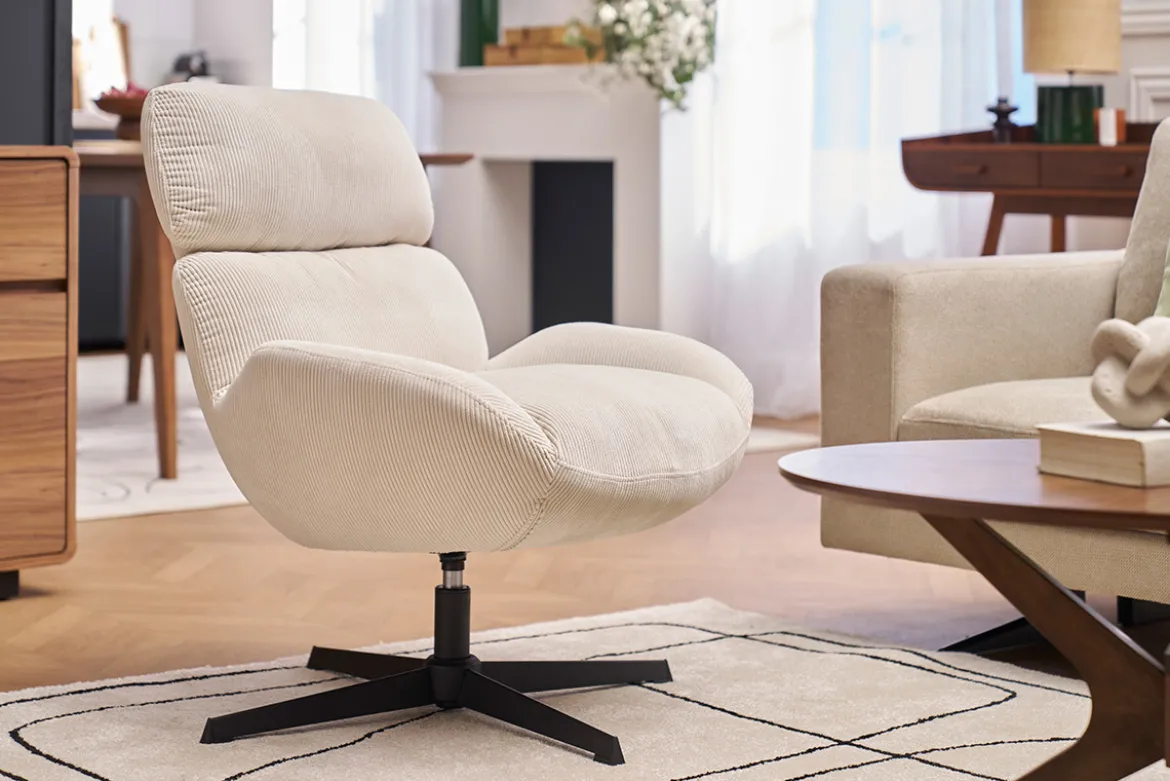 Fauteuil pivotant en tissu velours côtelé écru et métal noir KLEM