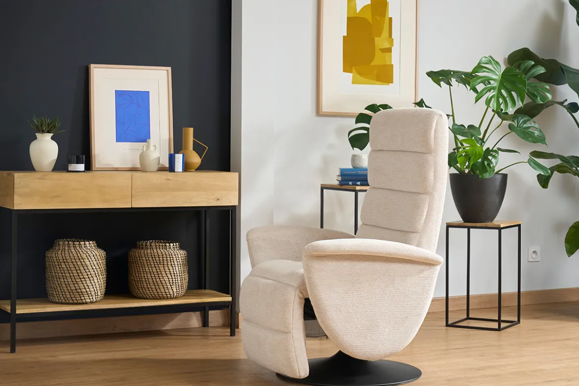 Fauteuil pivotant relax manuel en tissu chenille beige NELSON
