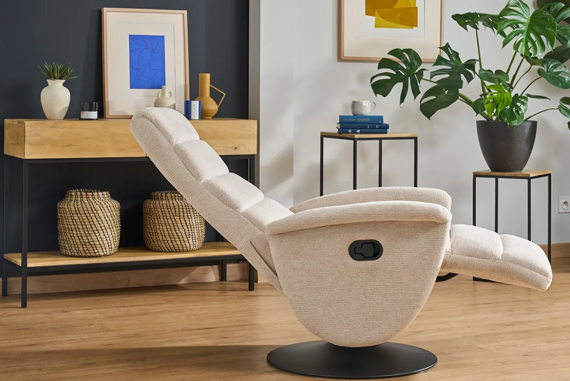 Fauteuil pivotant relax manuel en tissu chenille beige NELSON