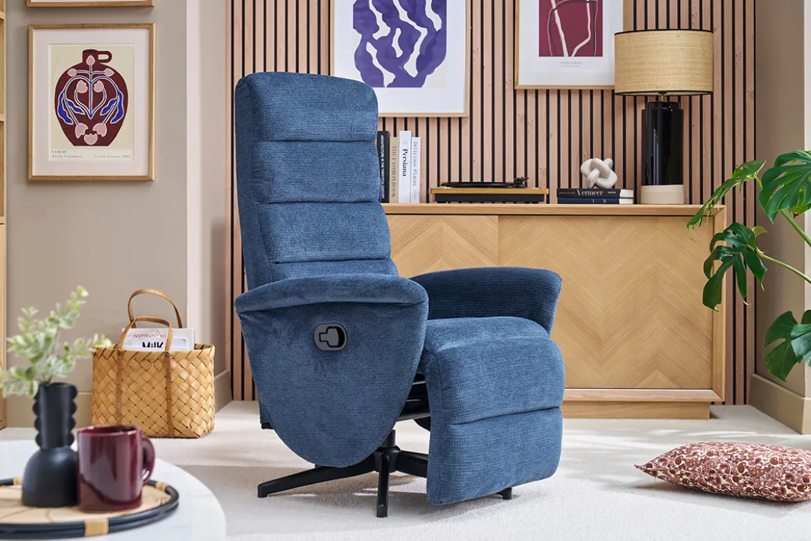 Fauteuil pivotant relax manuel en tissu chenille bleu foncé NELSON