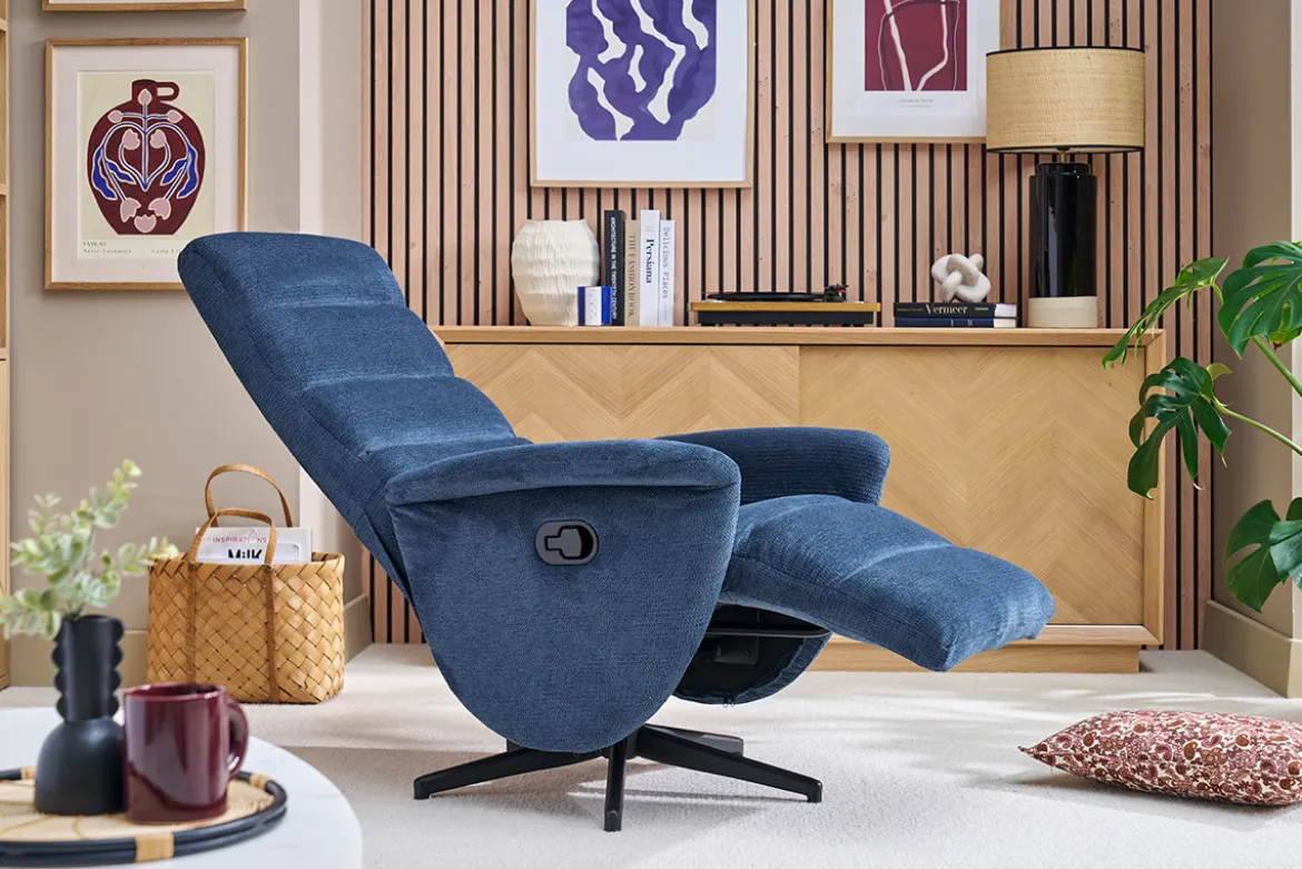 Fauteuil pivotant relax manuel en tissu chenille bleu foncé NELSON