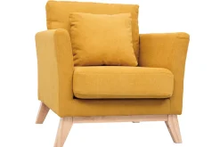 Fauteuil scandinave déhoussable en tissu effet velours jaune moutarde et bois clair OSLO