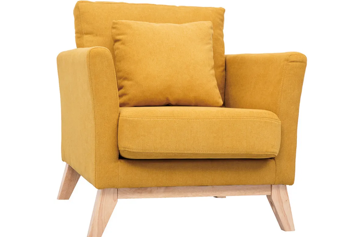 Fauteuil scandinave déhoussable en tissu effet velours jaune moutarde et bois clair OSLO
