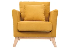 Fauteuil scandinave déhoussable en tissu effet velours jaune moutarde et bois clair OSLO