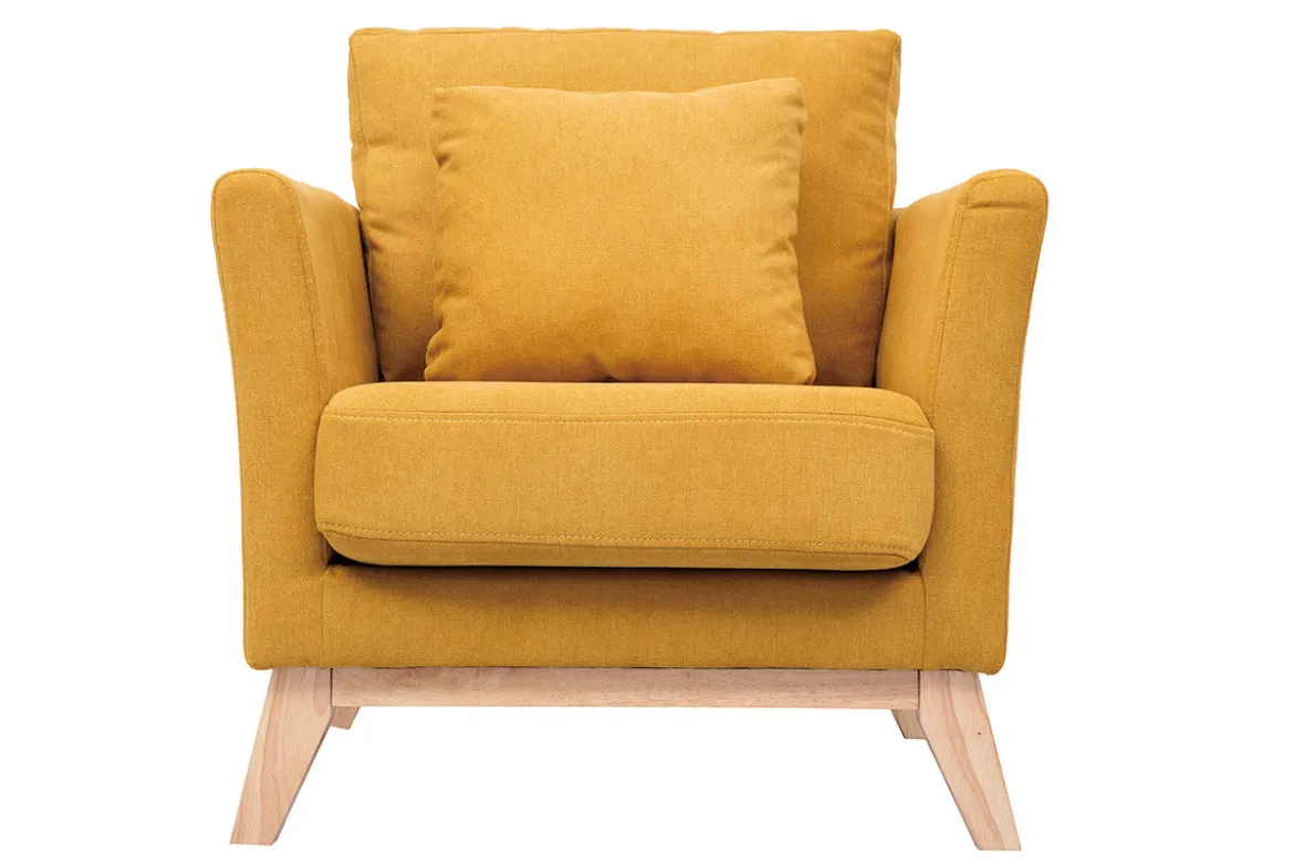 Fauteuil scandinave déhoussable en tissu effet velours jaune moutarde et bois clair OSLO