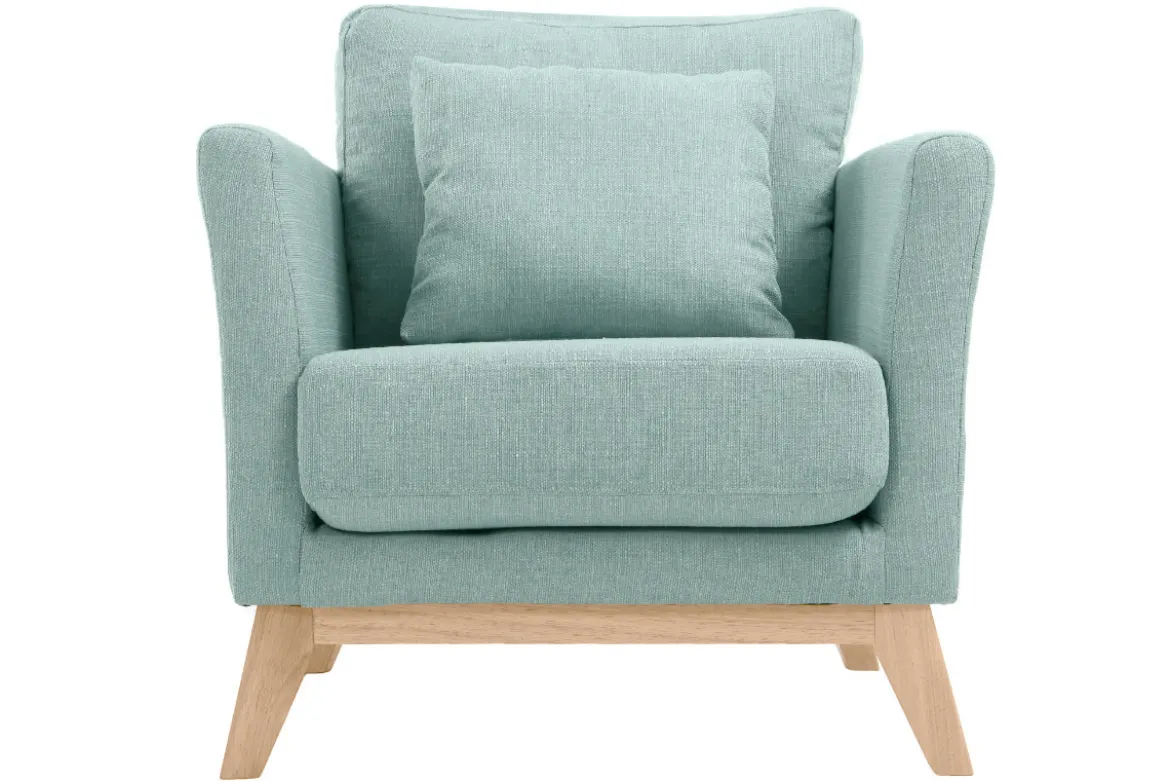 Fauteuil scandinave déhoussable en tissu vert lagon et bois clair OSLO