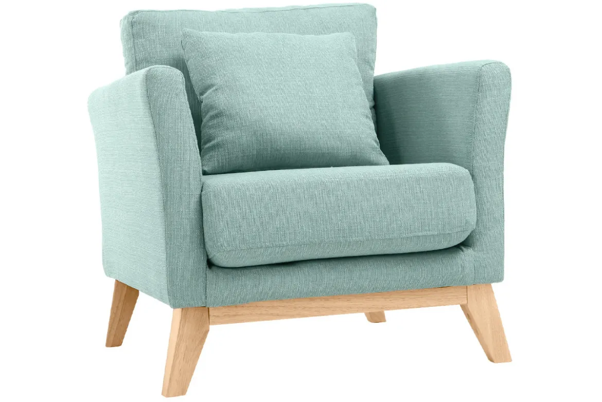 Fauteuil scandinave déhoussable en tissu vert lagon et bois clair OSLO