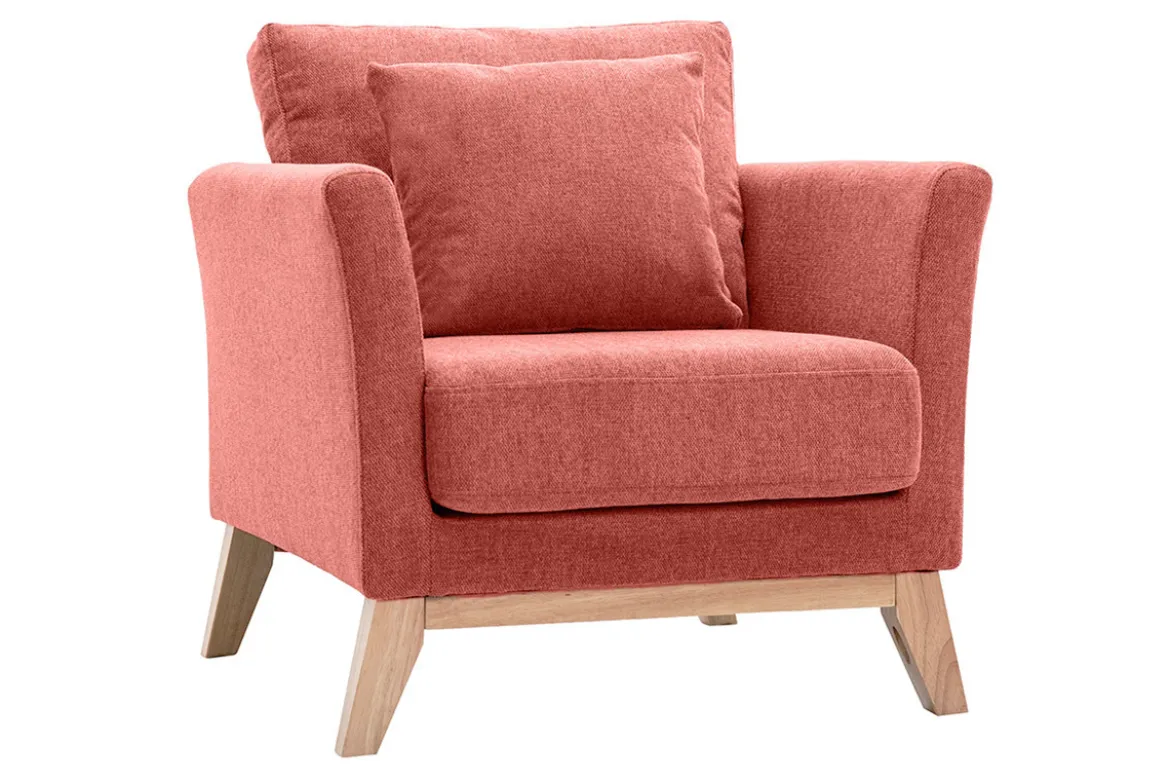 Fauteuil scandinave déhoussable en tissu effet velours texturé terracotta et bois clair OSLO