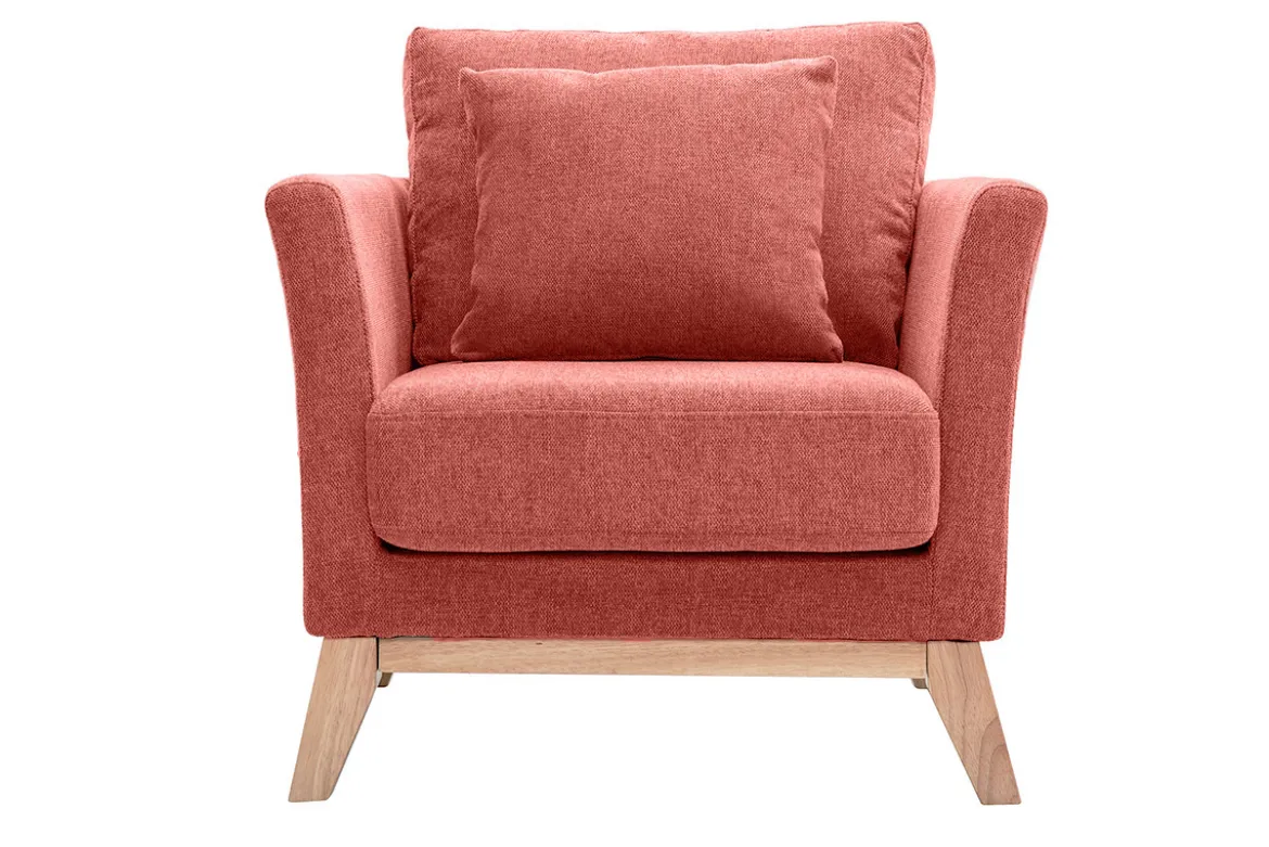 Fauteuil scandinave déhoussable en tissu effet velours texturé terracotta et bois clair OSLO