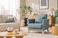 Fauteuil scandinave déhoussable en tissu vert de gris et bois clair OSLO