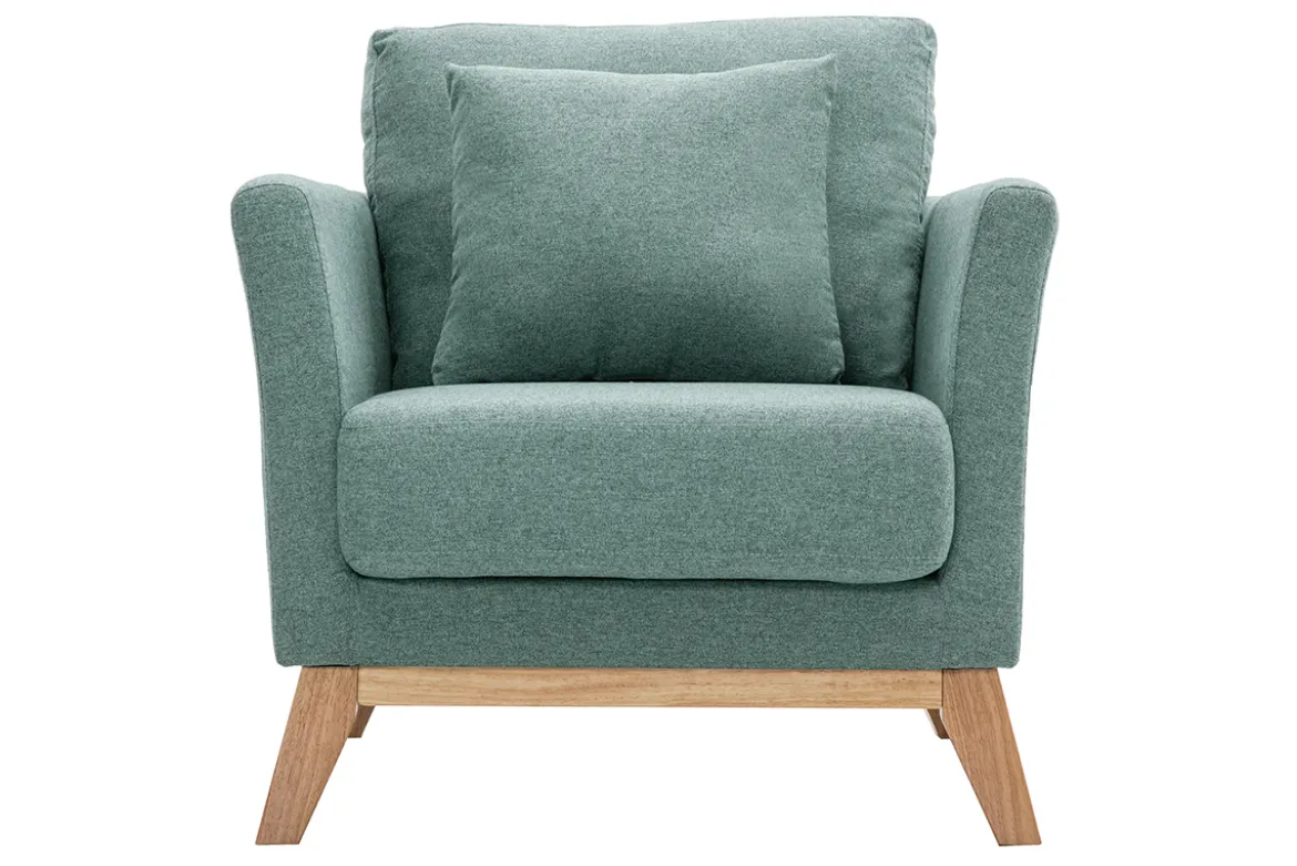 Fauteuil scandinave déhoussable en tissu vert de gris et bois clair OSLO