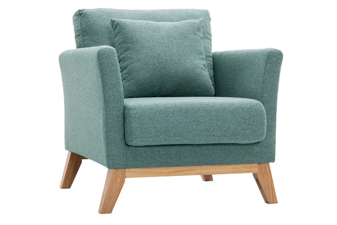Fauteuil scandinave déhoussable en tissu vert de gris et bois clair OSLO