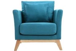Fauteuil scandinave déhoussable en tissu bleu canard et bois clair OSLO