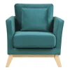 Fauteuil scandinave déhoussable en tissu velours bleu pétrole et bois clair OSLO