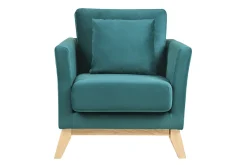 Fauteuil scandinave déhoussable en tissu velours bleu pétrole et bois clair OSLO