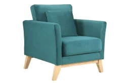 Fauteuil scandinave déhoussable en tissu velours bleu pétrole et bois clair OSLO