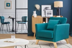 Fauteuil scandinave déhoussable en tissu velours bleu pétrole et bois clair OSLO