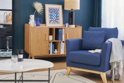 Fauteuil scandinave déhoussable en tissu bleu foncé et bois clair OSLO