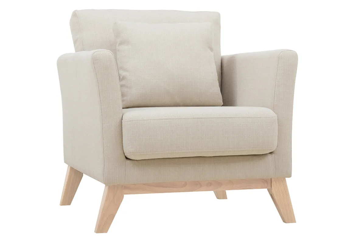 Fauteuil scandinave déhoussable en tissu beige et bois clair OSLO
