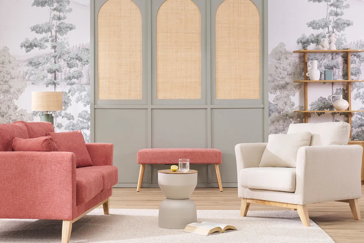 Fauteuil scandinave déhoussable en tissu beige et bois clair OSLO