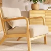 Fauteuil scandinave en tissu effet velours beige et bois clair massif DERRY