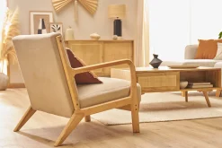 Fauteuil scandinave en tissu effet velours beige et bois clair massif DERRY