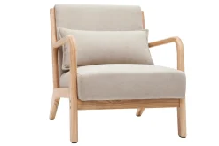 Fauteuil scandinave en tissu effet velours beige et bois clair massif DERRY