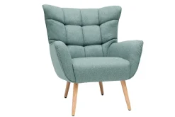 Fauteuil scandinave en tissu vert de gris et bois clair AVERY